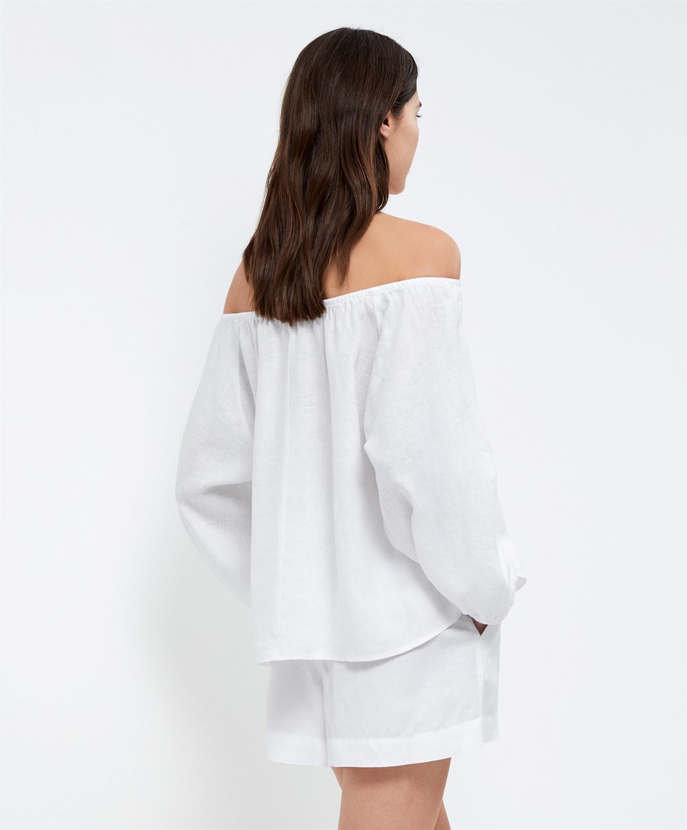 Oysho Long-sleeved 100% Linen Blouse ασπρα | SZNBGF-391