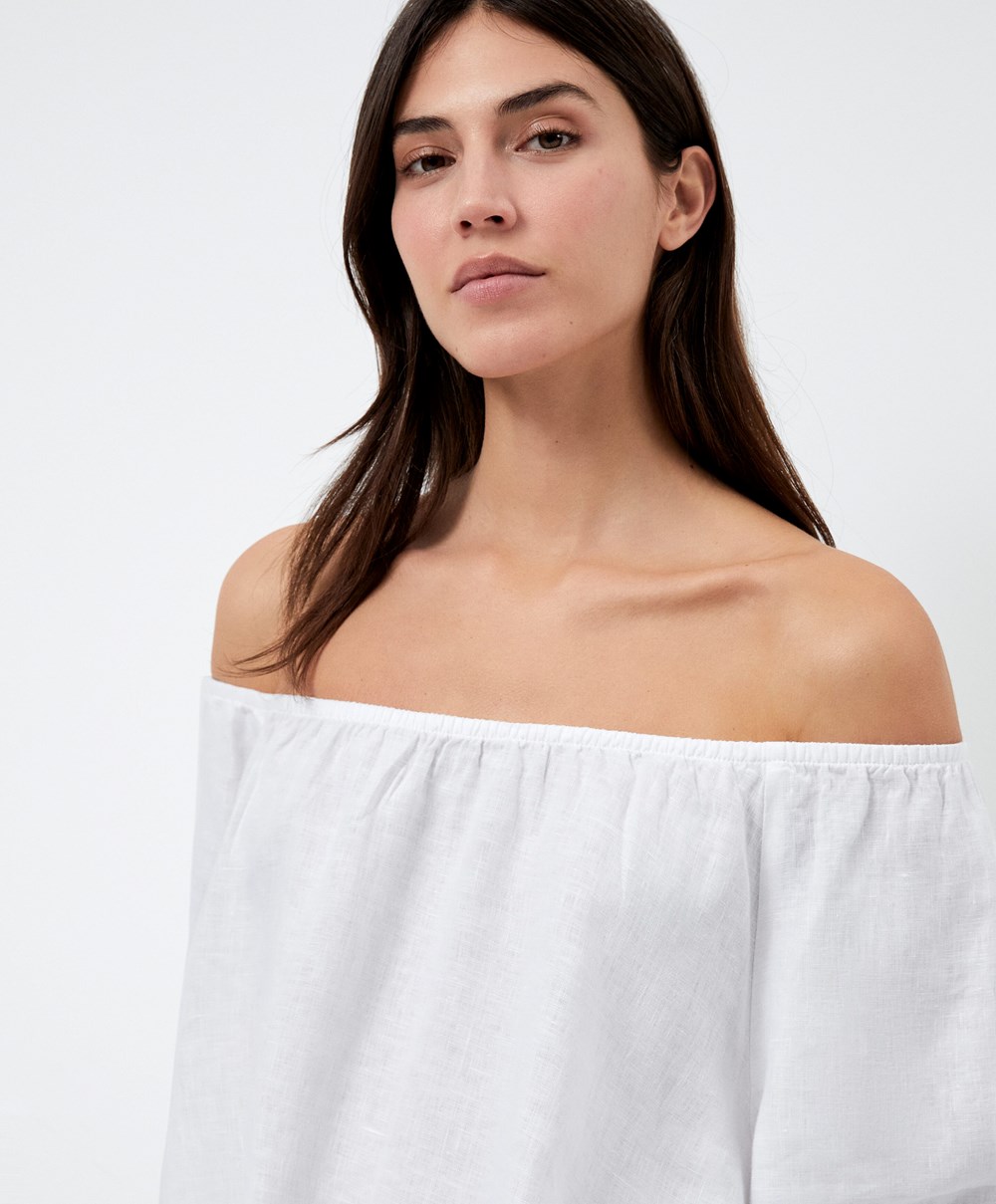 Oysho Long-sleeved 100% Linen Blouse ασπρα | SZNBGF-391