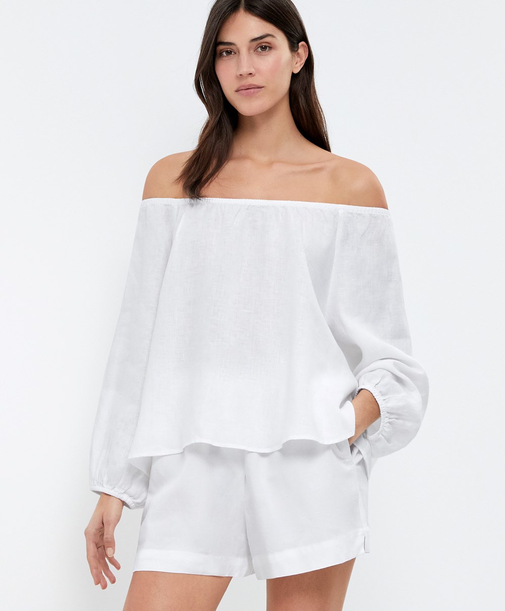 Oysho Long-sleeved 100% Linen Blouse ασπρα | SZNBGF-391