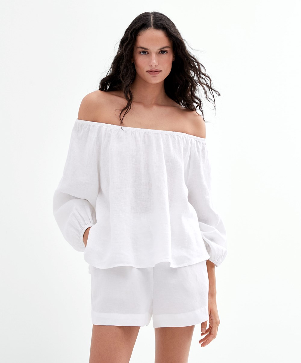 Oysho Long-sleeved 100% Linen Blouse ασπρα | SZNBGF-391