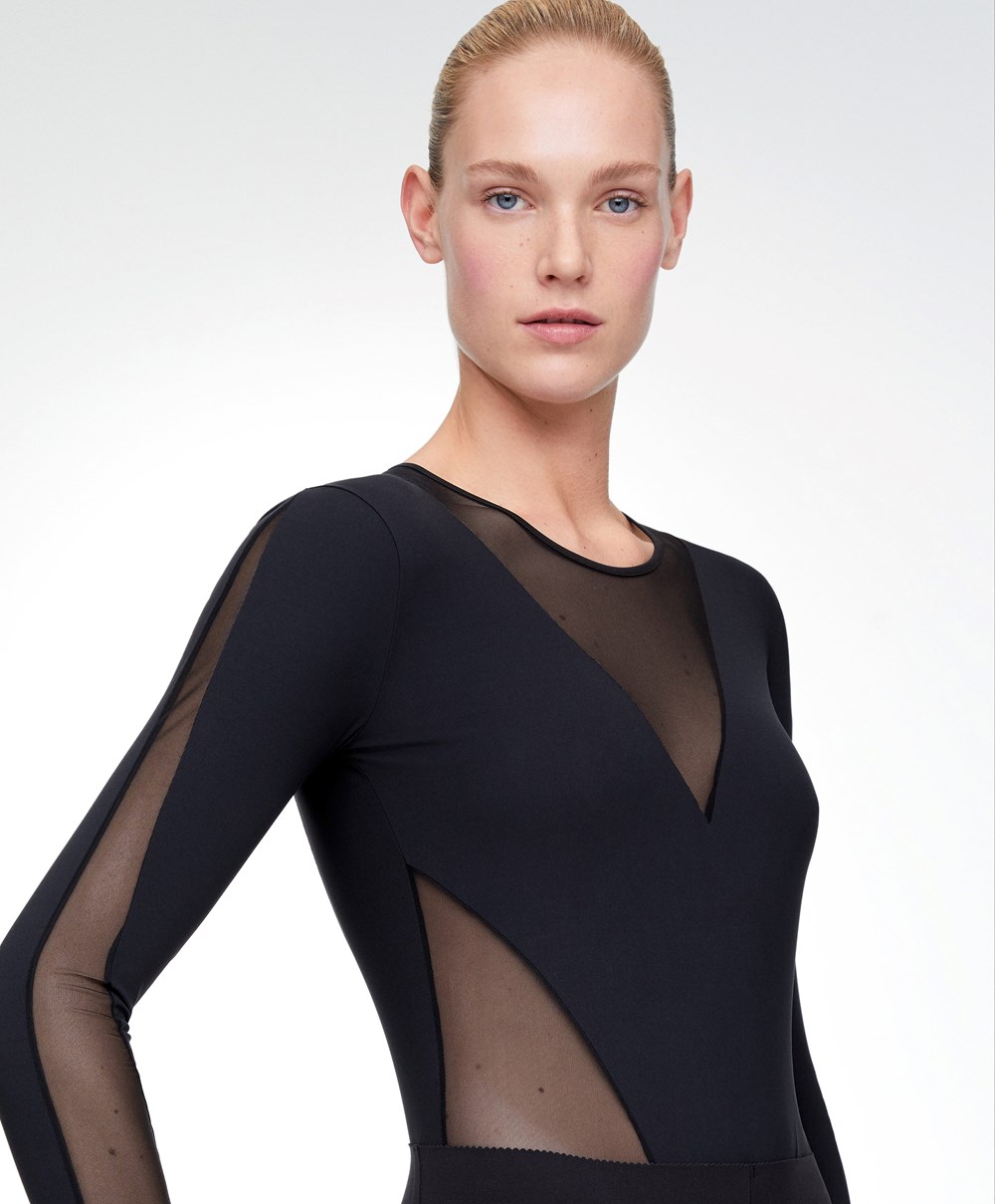 Oysho Long-sleeved Sheers Top μαυρα | ZLJFQN-927