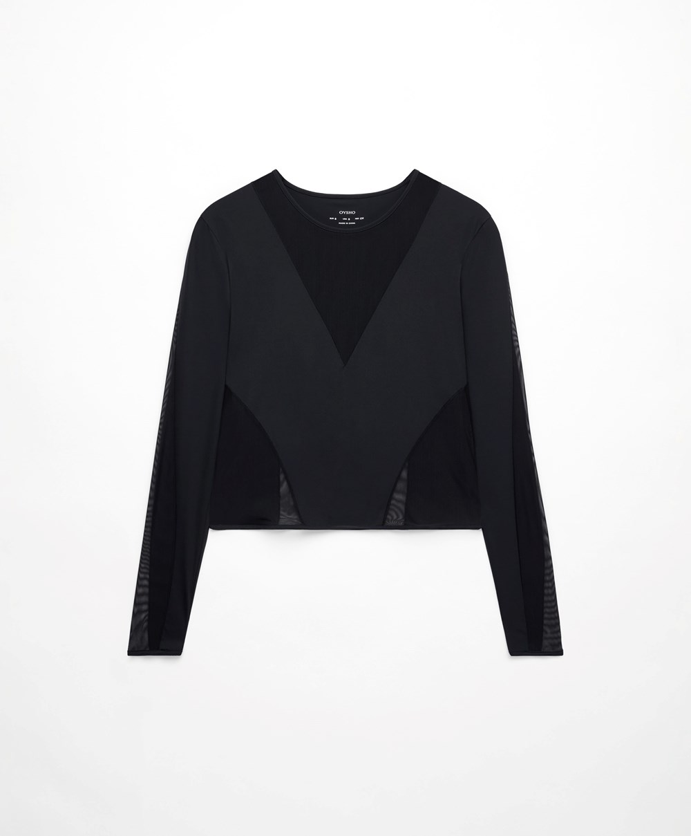 Oysho Long-sleeved Sheers Top μαυρα | ZLJFQN-927