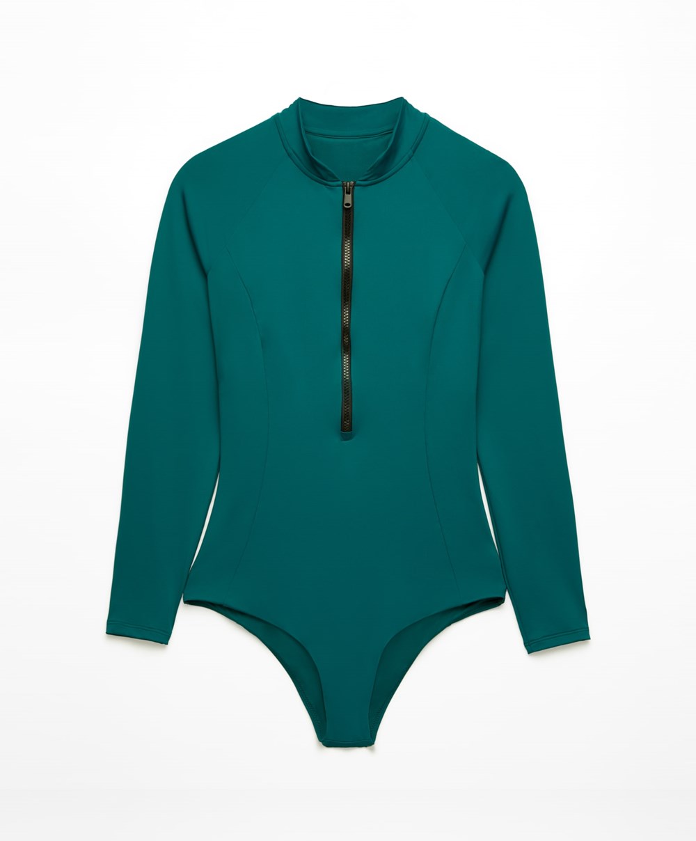 Oysho Long-sleeved Zip Swimsuit πρασινο | OQGUSD-246