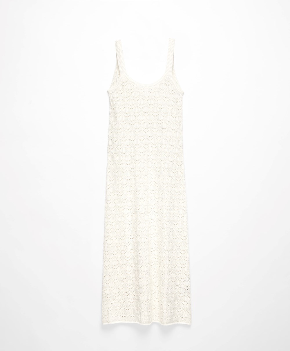 Oysho Long βαμβακερα Crochet φορεμα Bone Whte | TVLIJH-728