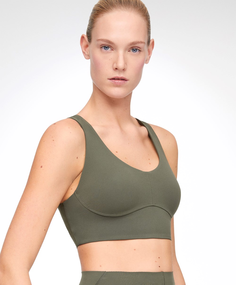 Oysho Medium Support Compressive Sports Bra σκούρο Χακί | LEQNZD-370