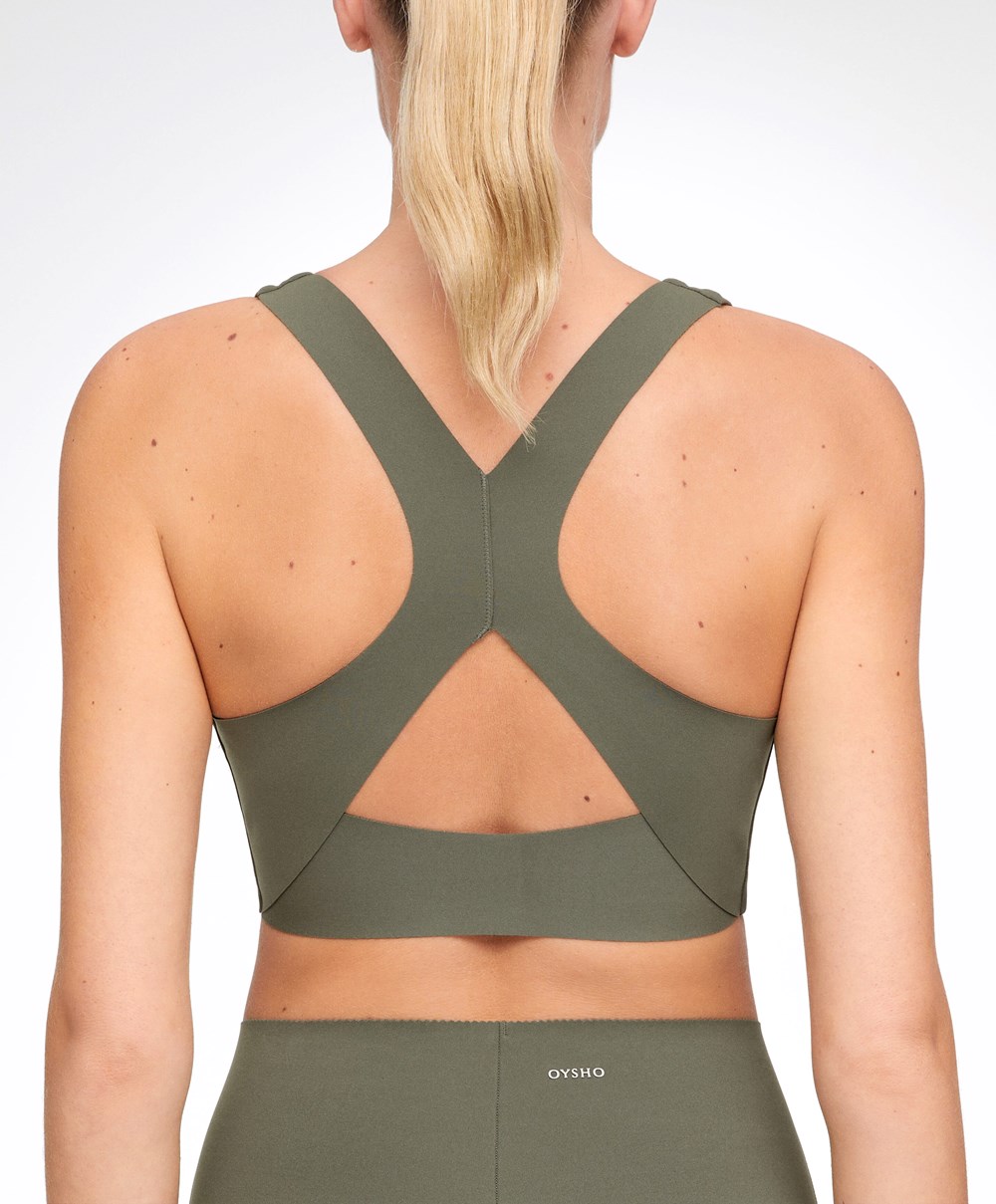 Oysho Medium Support Compressive Sports Bra σκούρο Χακί | LEQNZD-370