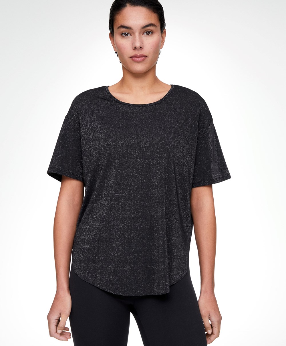 Oysho Metallic Thread κοντο-sleeved T-shirt μαυρα | UXATYJ-348