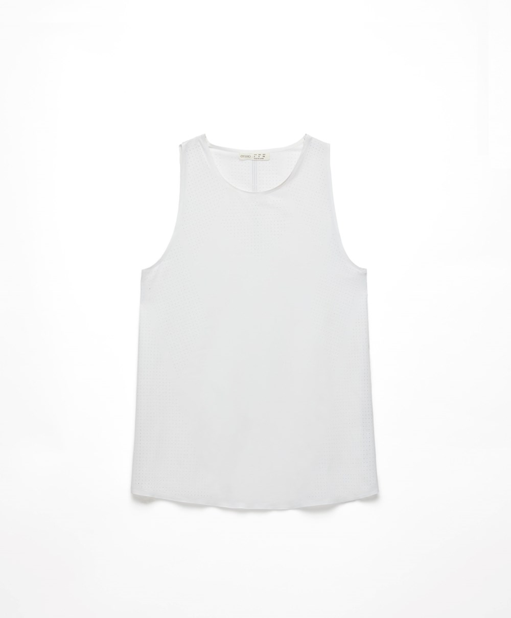 Oysho Microperforated Technical αμανικα T-shirt ασπρα | HWDAVM-579