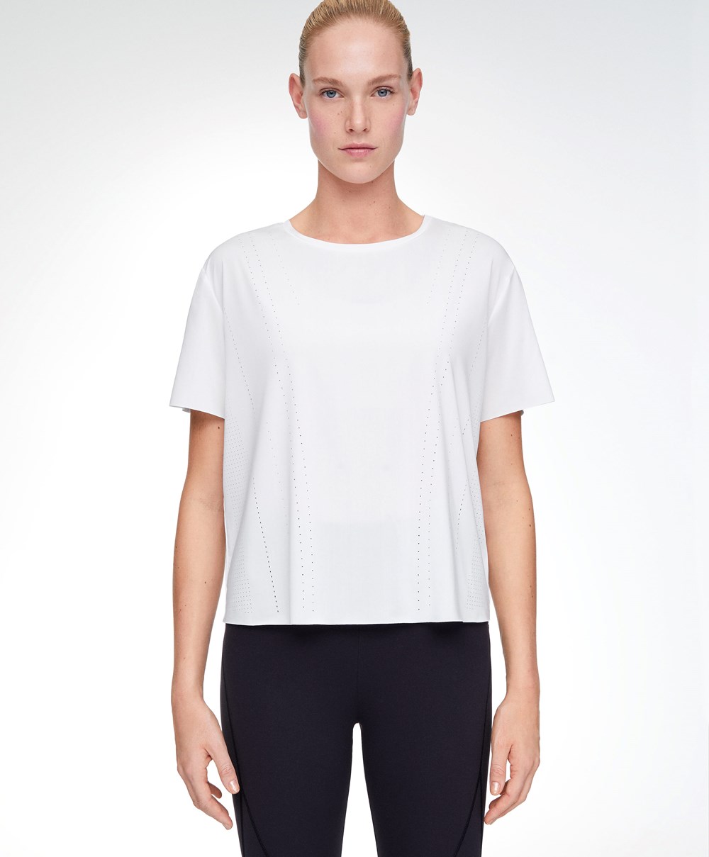 Oysho Microperforated κοντο-sleeved Technical T-shirt ασπρα | RUDAVM-680