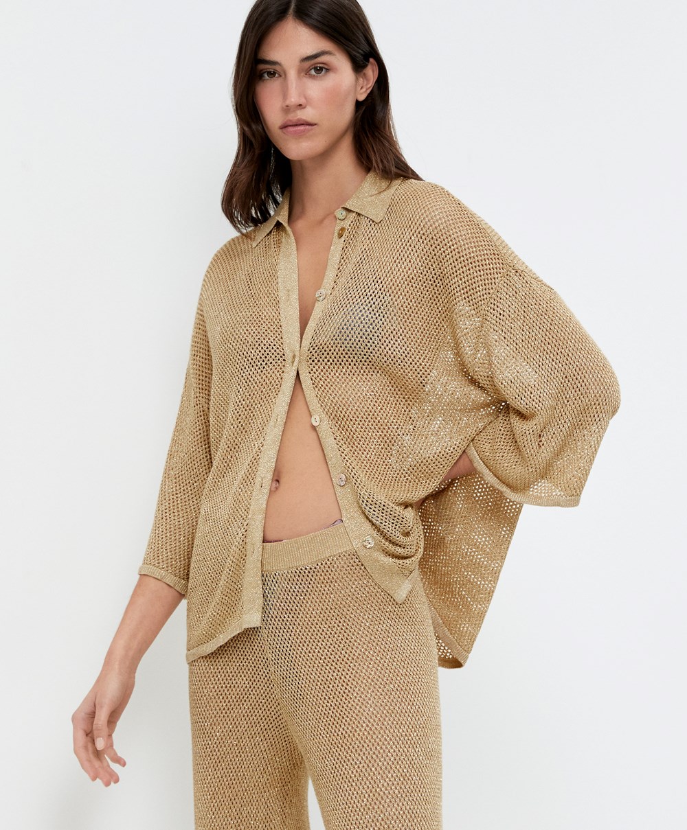 Oysho Oversize Knit Shirt χρυσο χρωμα | KMFHDW-502