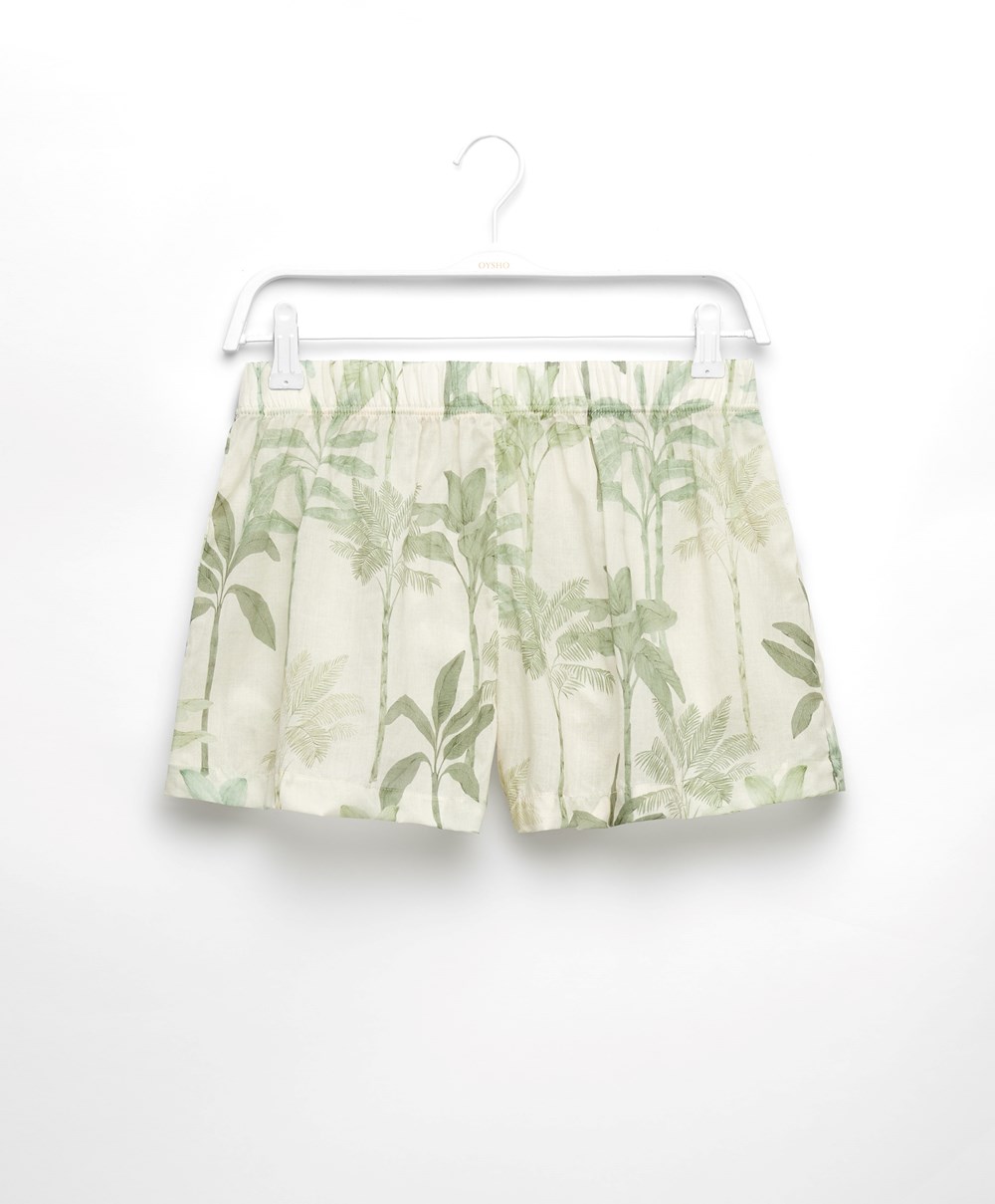 Oysho Palm Tree 100% βαμβακερα Shorts Grass | TSJFVA-281