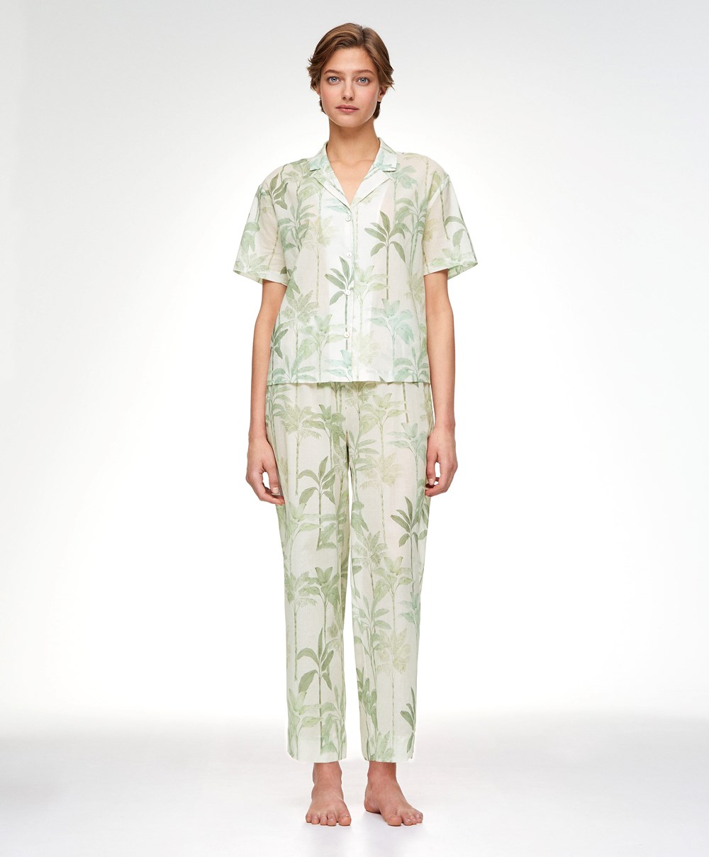 Oysho Palm Tree 100% βαμβακερα Trousers Grass | EGQXTD-024