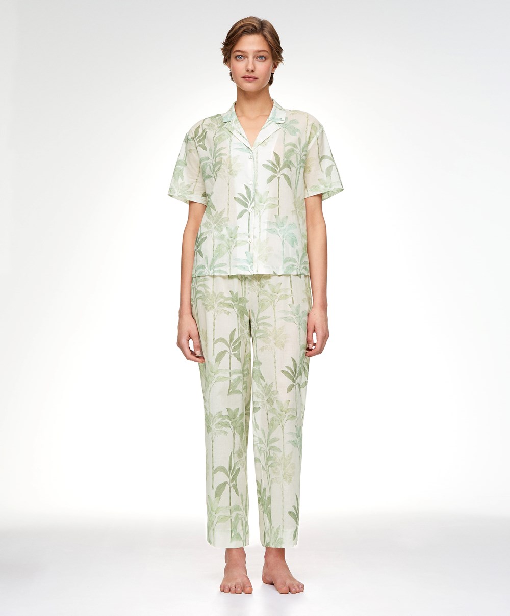 Oysho Palm Tree 100% βαμβακερα Trousers Grass | IQULRB-368