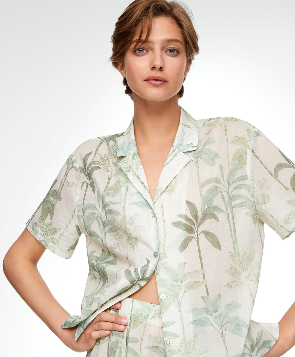 Oysho Palm Tree 100% βαμβακερα κοντο-sleeved Shirt Grass | HSJVXN-056