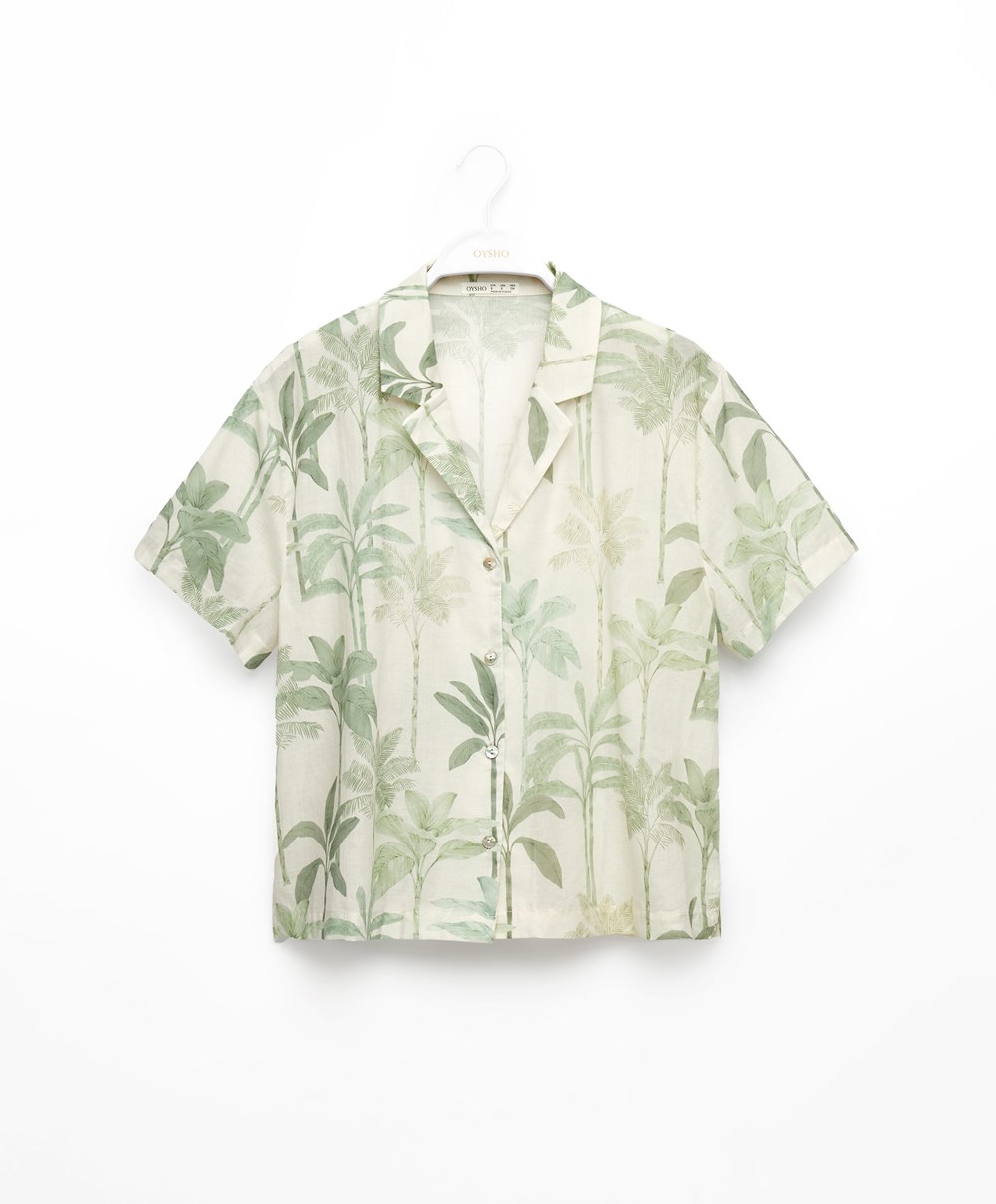 Oysho Palm Tree 100% βαμβακερα κοντο-sleeved Shirt Grass | HSJVXN-056