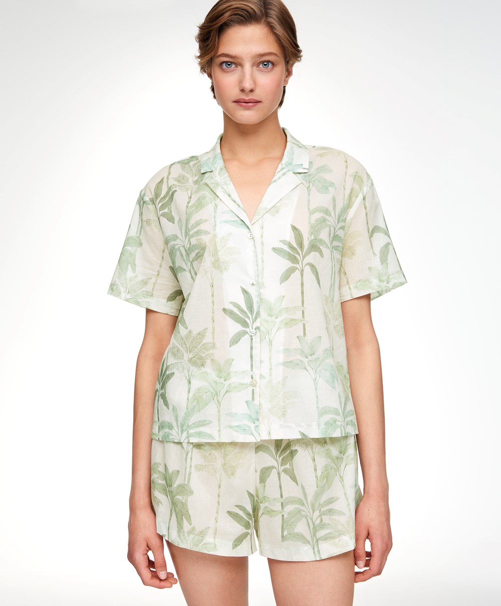 Oysho Palm Tree 100% βαμβακερα κοντο-sleeved Shirt Grass | QXURJE-765