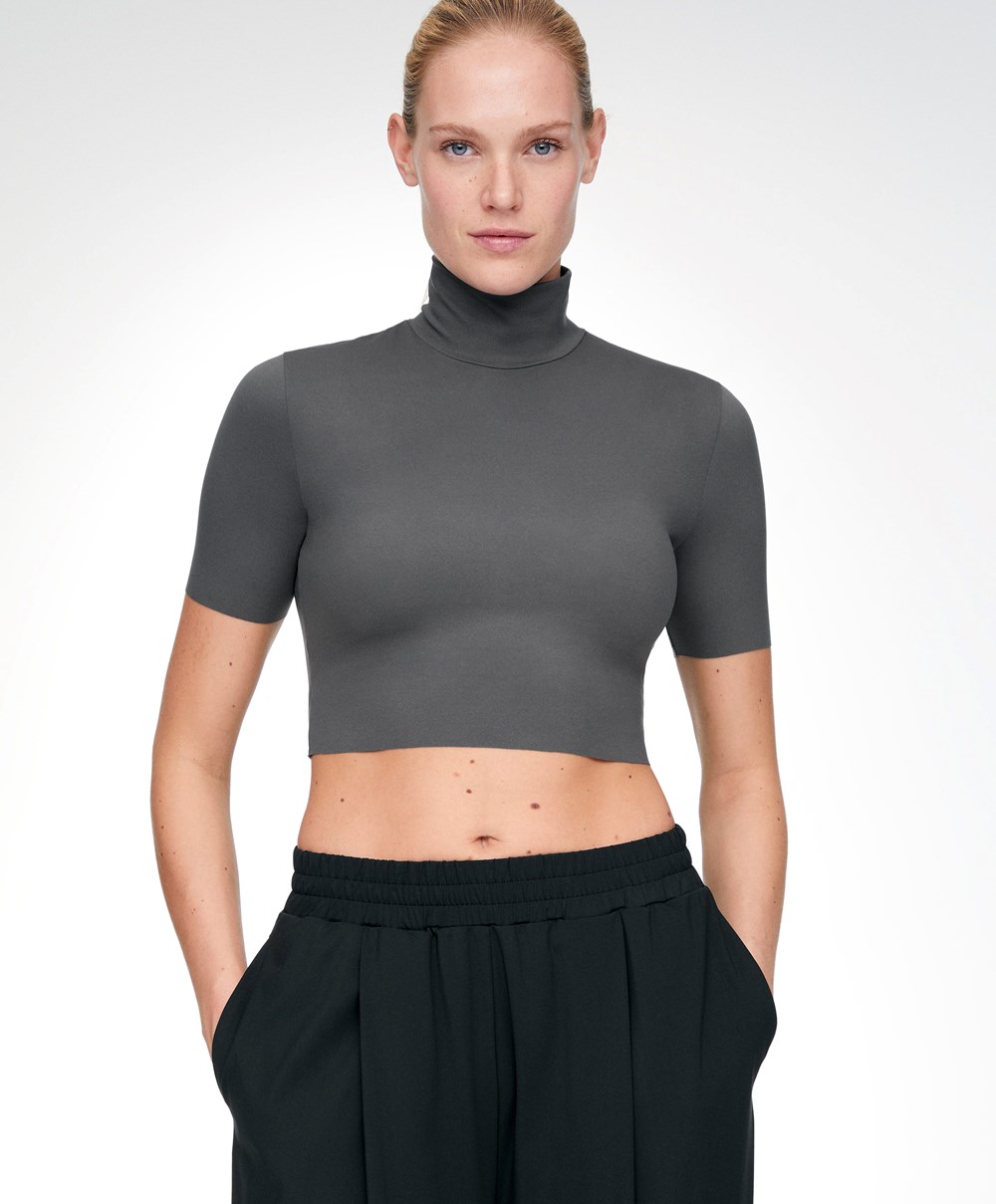 Oysho Perfect-adapt Crop Top With Raised Neck σκούρο γκρι | OHVDQM-821