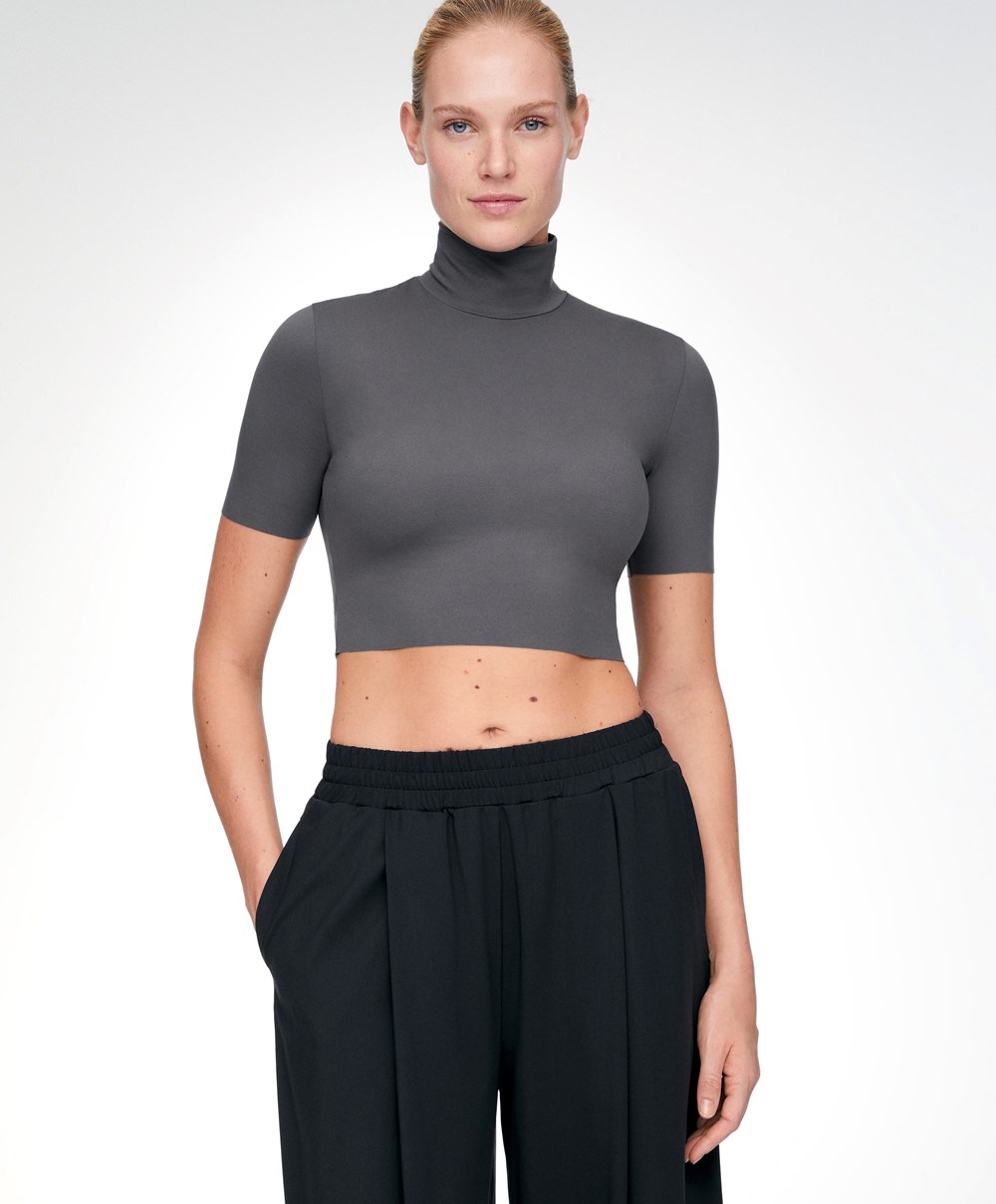 Oysho Perfect-adapt Crop Top With Raised Neck σκούρο γκρι | OHVDQM-821