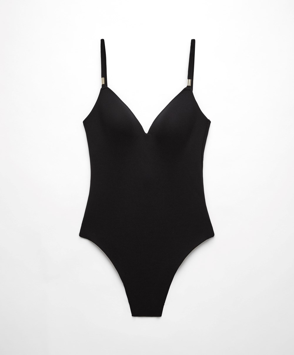 Oysho Piqué Triangle Swimsuit μαυρα | RFYGMW-593