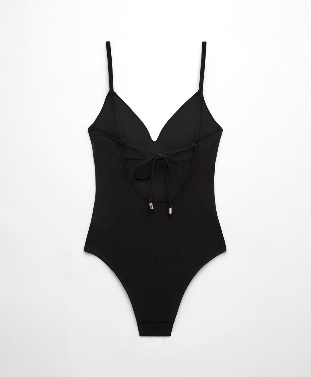 Oysho Piqué Triangle Swimsuit μαυρα | RFYGMW-593