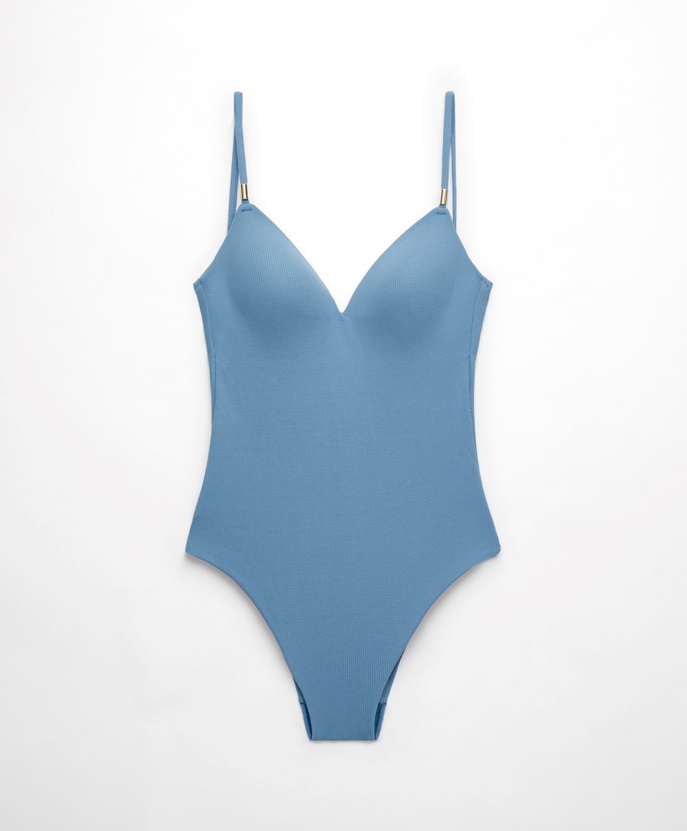 Oysho Piqué Triangle Swimsuit μπλε | CYQRPV-043