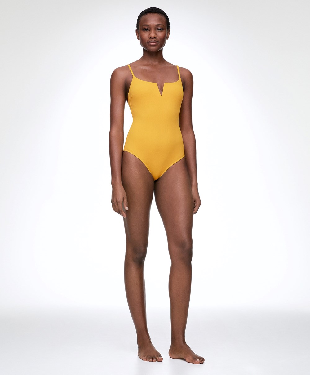 Oysho Piqué V-neck Swimsuit Mid-yellow | IVNTCF-520