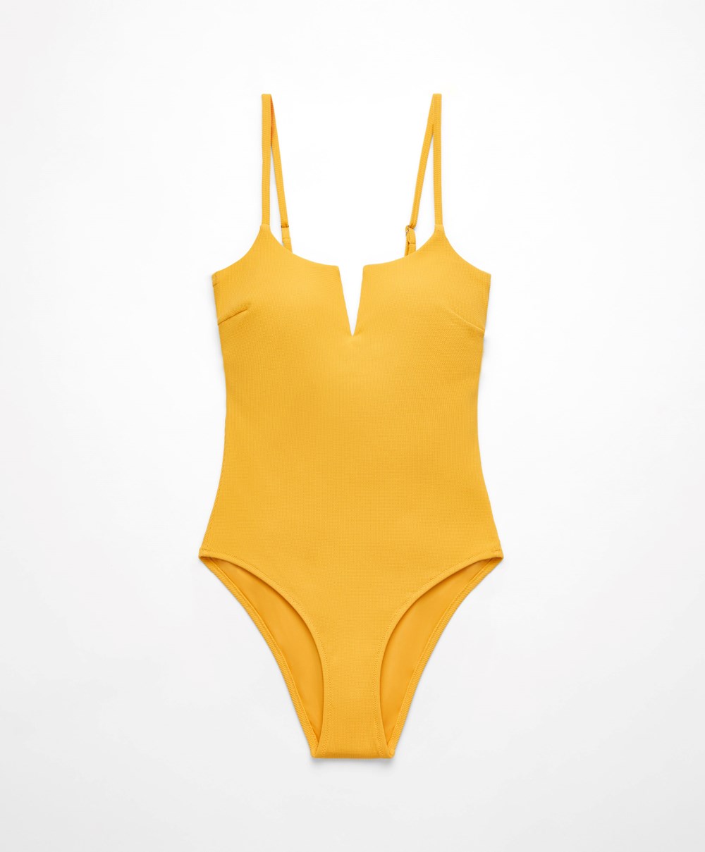 Oysho Piqué V-neck Swimsuit Mid-yellow | IVNTCF-520