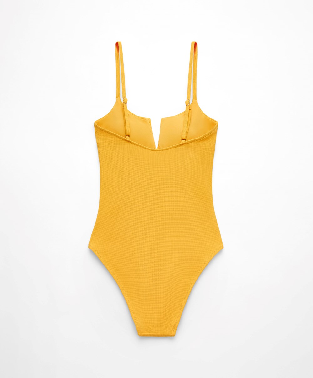 Oysho Piqué V-neck Swimsuit Mid-yellow | IVNTCF-520