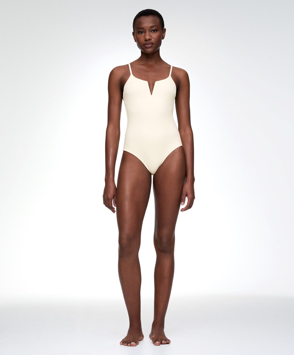 Oysho Piqué V-neck Swimsuit Vanilla | LKNBQM-702