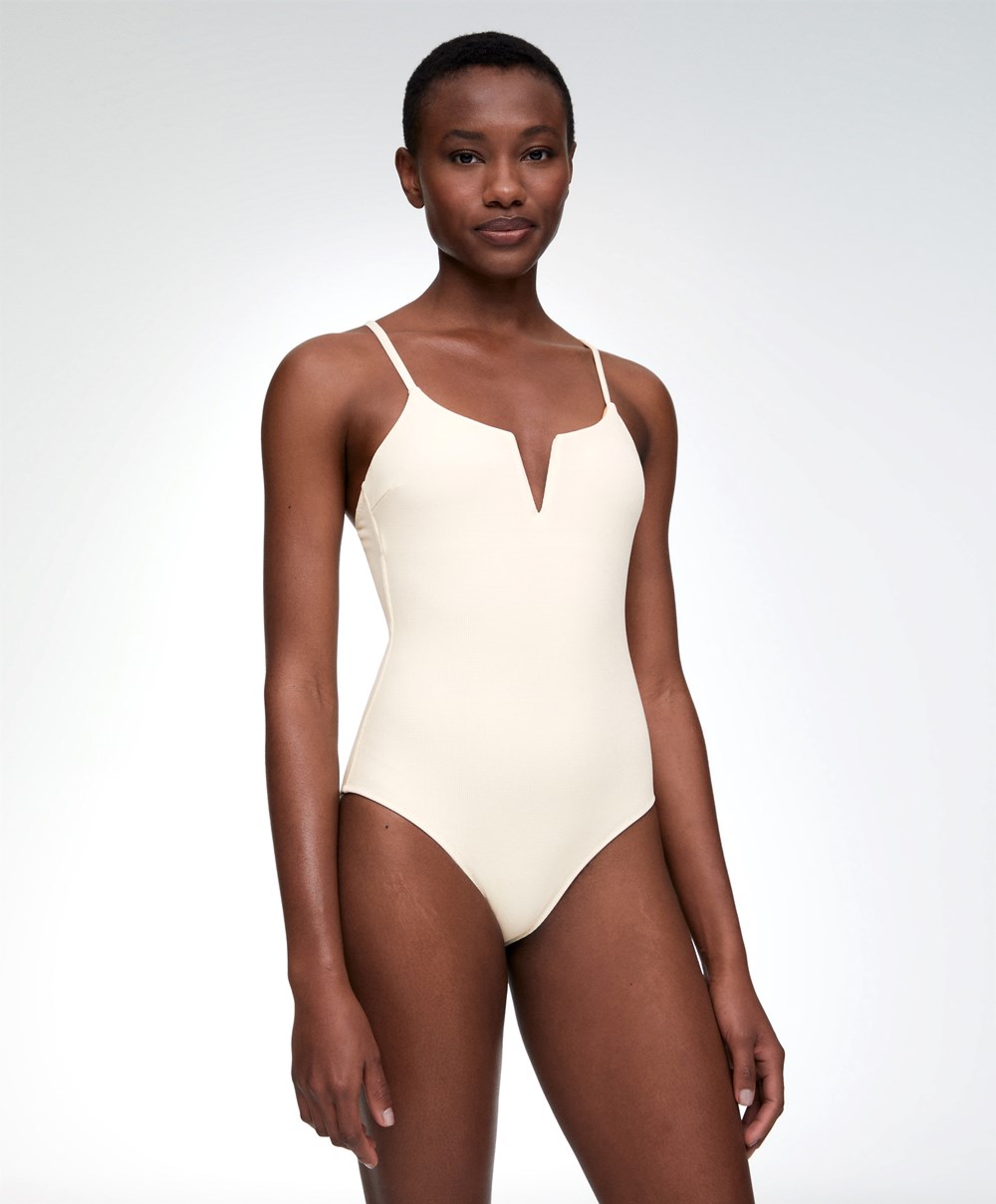 Oysho Piqué V-neck Swimsuit Vanilla | LKNBQM-702