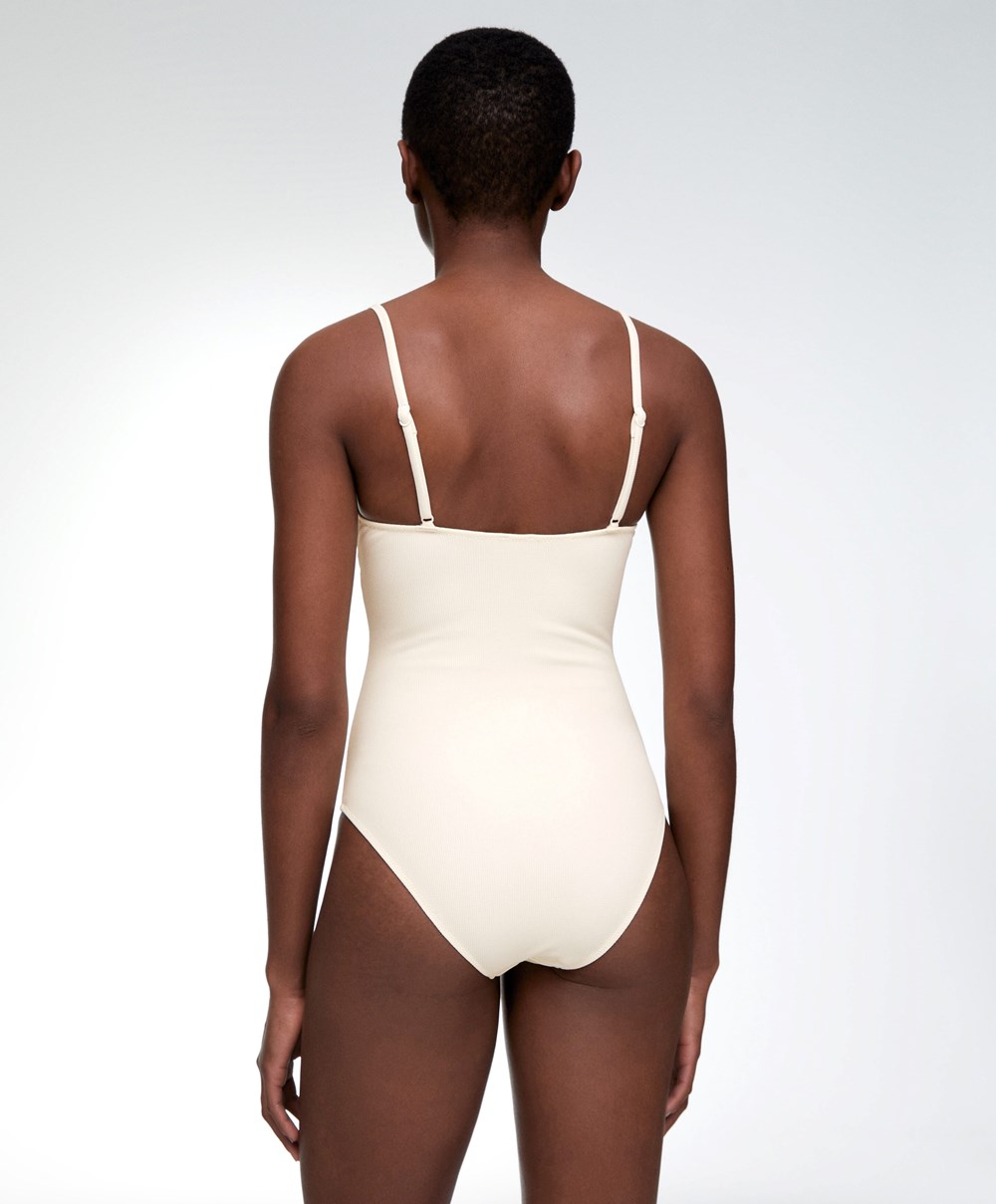 Oysho Piqué V-neck Swimsuit Vanilla | LKNBQM-702