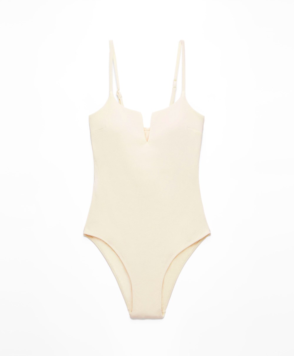 Oysho Piqué V-neck Swimsuit Vanilla | LKNBQM-702