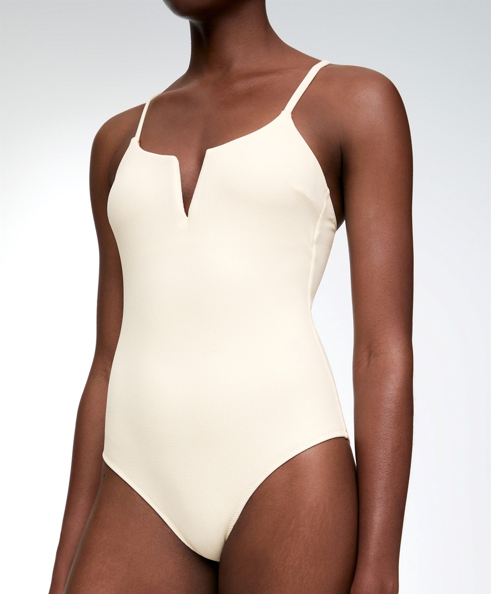 Oysho Piqué V-neck Swimsuit Vanilla | MQZCYR-096