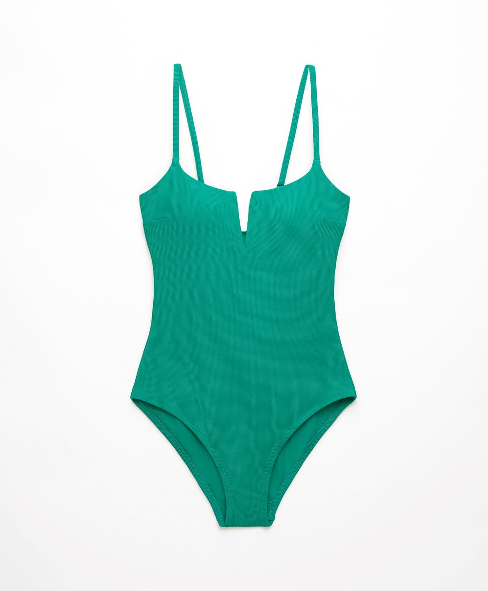 Oysho Piqué V-neck Swimsuit ανοιχτο τυρκουάζ | AMUNIO-240