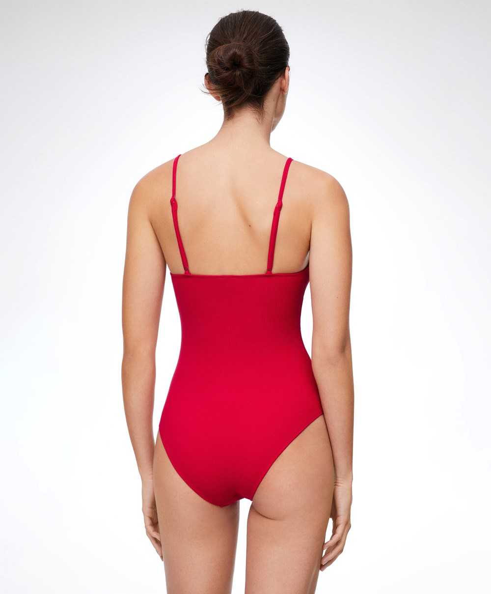 Oysho Piqué V-neck Swimsuit κοκκινα | CAOHFV-293