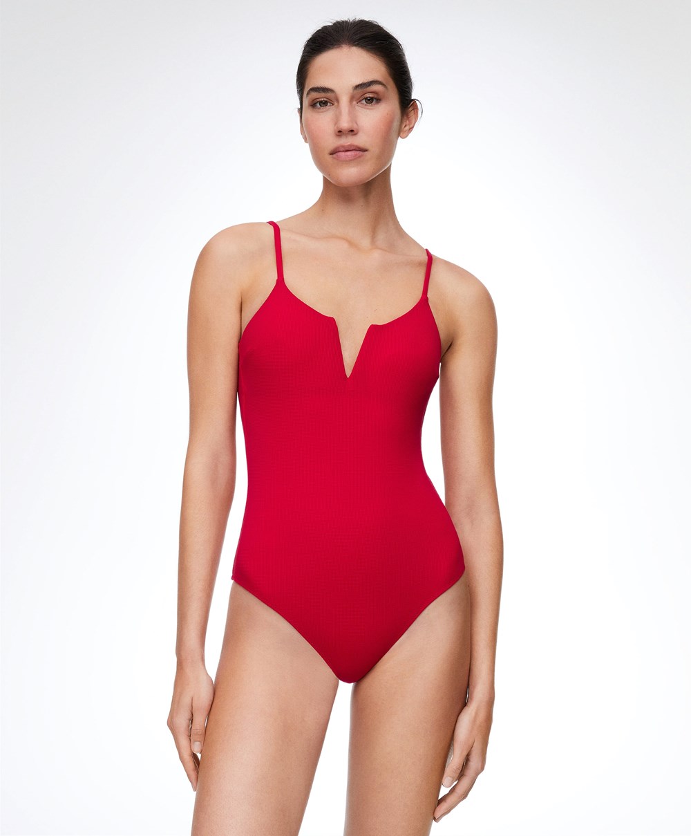 Oysho Piqué V-neck Swimsuit κοκκινα | CAOHFV-293