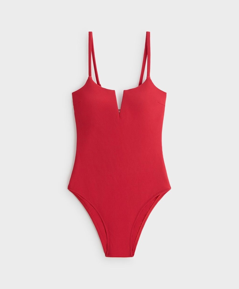 Oysho Piqué V-neck Swimsuit κοκκινα | KZEVXB-396