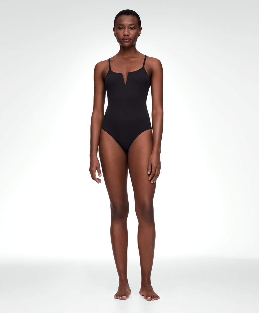 Oysho Piqué V-neck Swimsuit μαυρα | IUXSGR-458