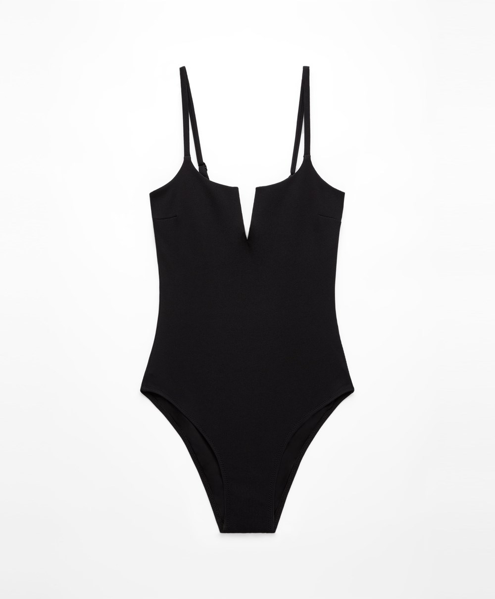 Oysho Piqué V-neck Swimsuit μαυρα | IUXSGR-458