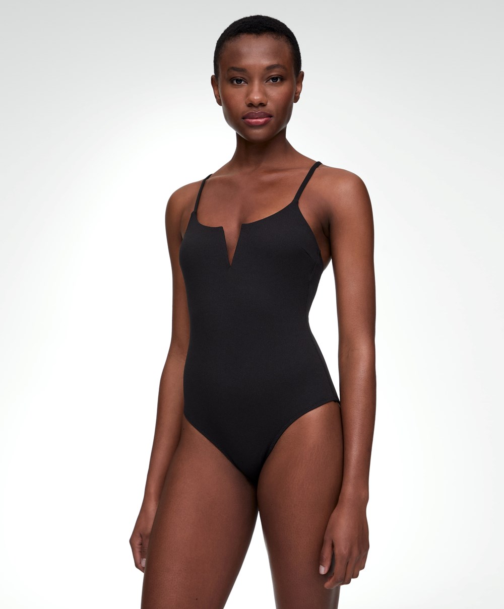 Oysho Piqué V-neck Swimsuit μαυρα | IUXSGR-458