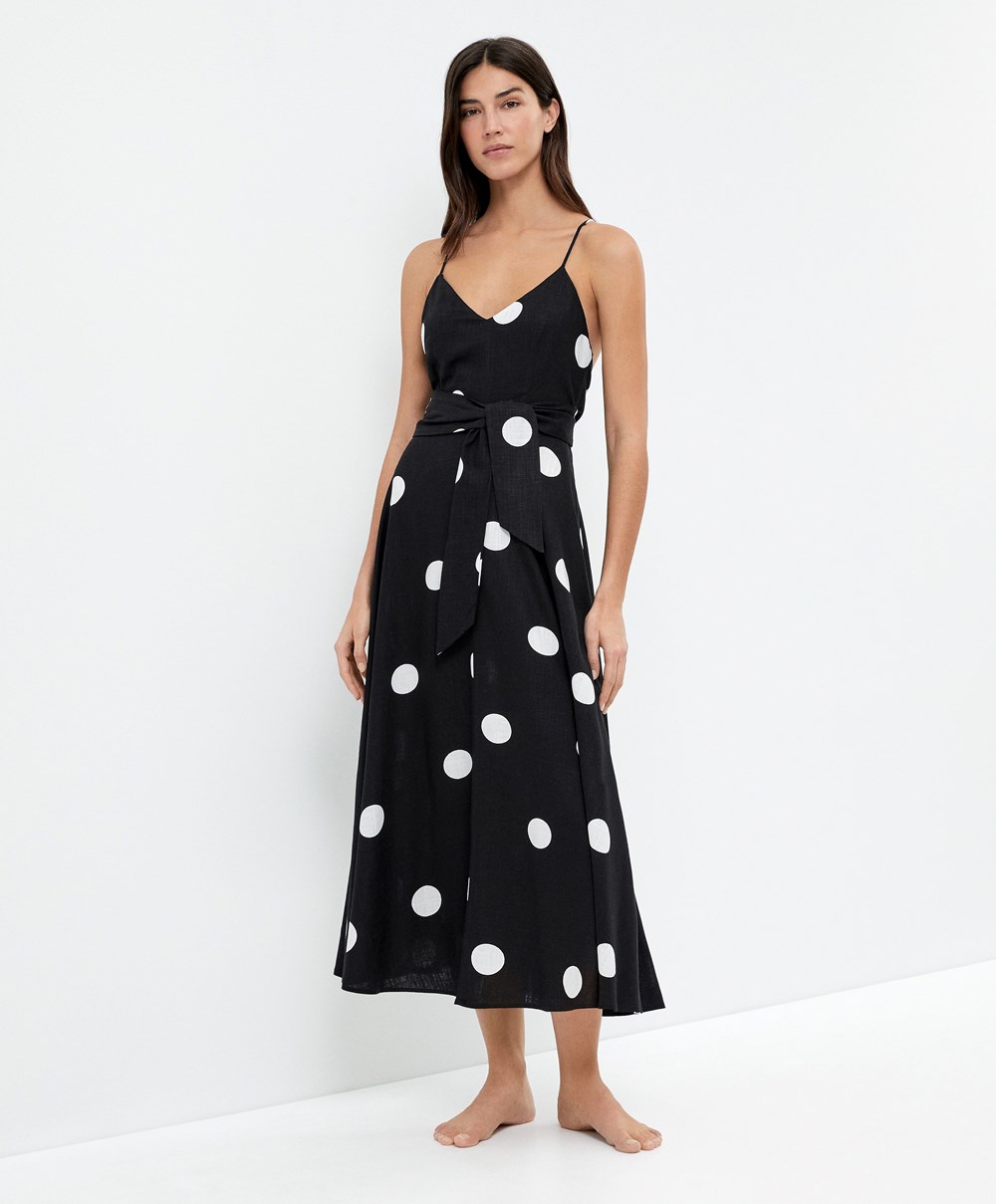 Oysho Polka Dot strappy Midi φορεμα μαυρα | CBJLOU-038