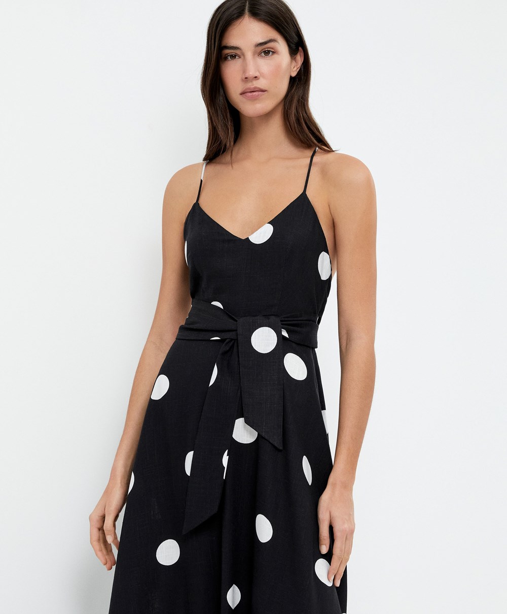 Oysho Polka Dot strappy Midi φορεμα μαυρα | CBJLOU-038