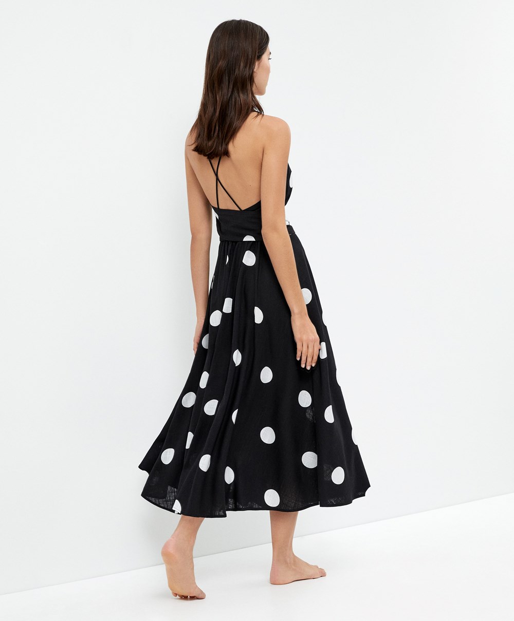 Oysho Polka Dot strappy Midi φορεμα μαυρα | CBJLOU-038