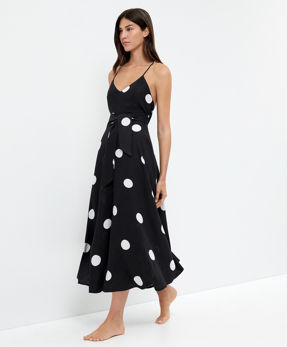 Oysho Polka Dot strappy Midi φορεμα μαυρα | CBJLOU-038