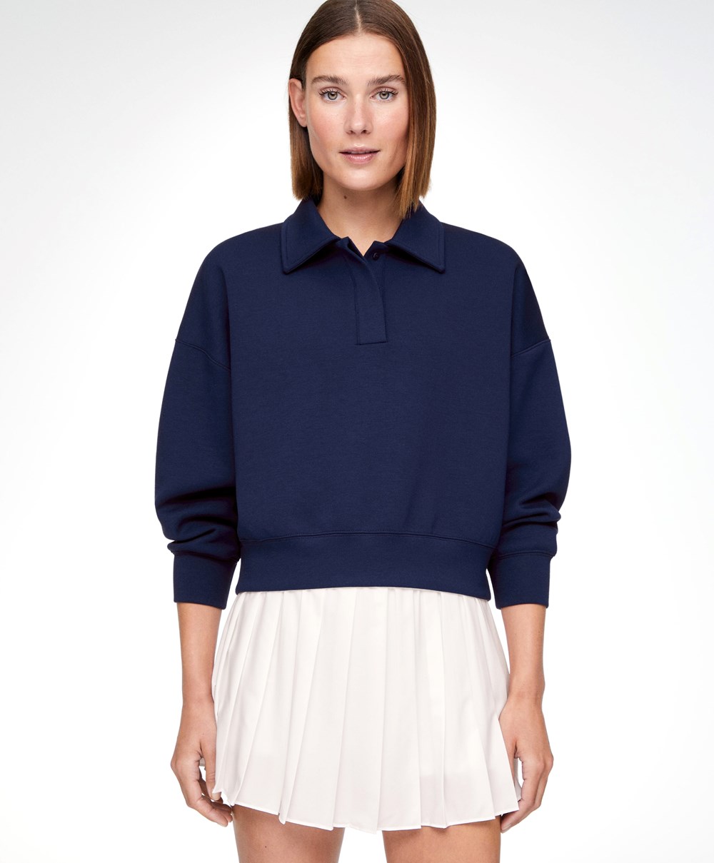 Oysho Polo Collar Crop Sweatshirt σκουρο μπλε μπλε | BPHOLG-830