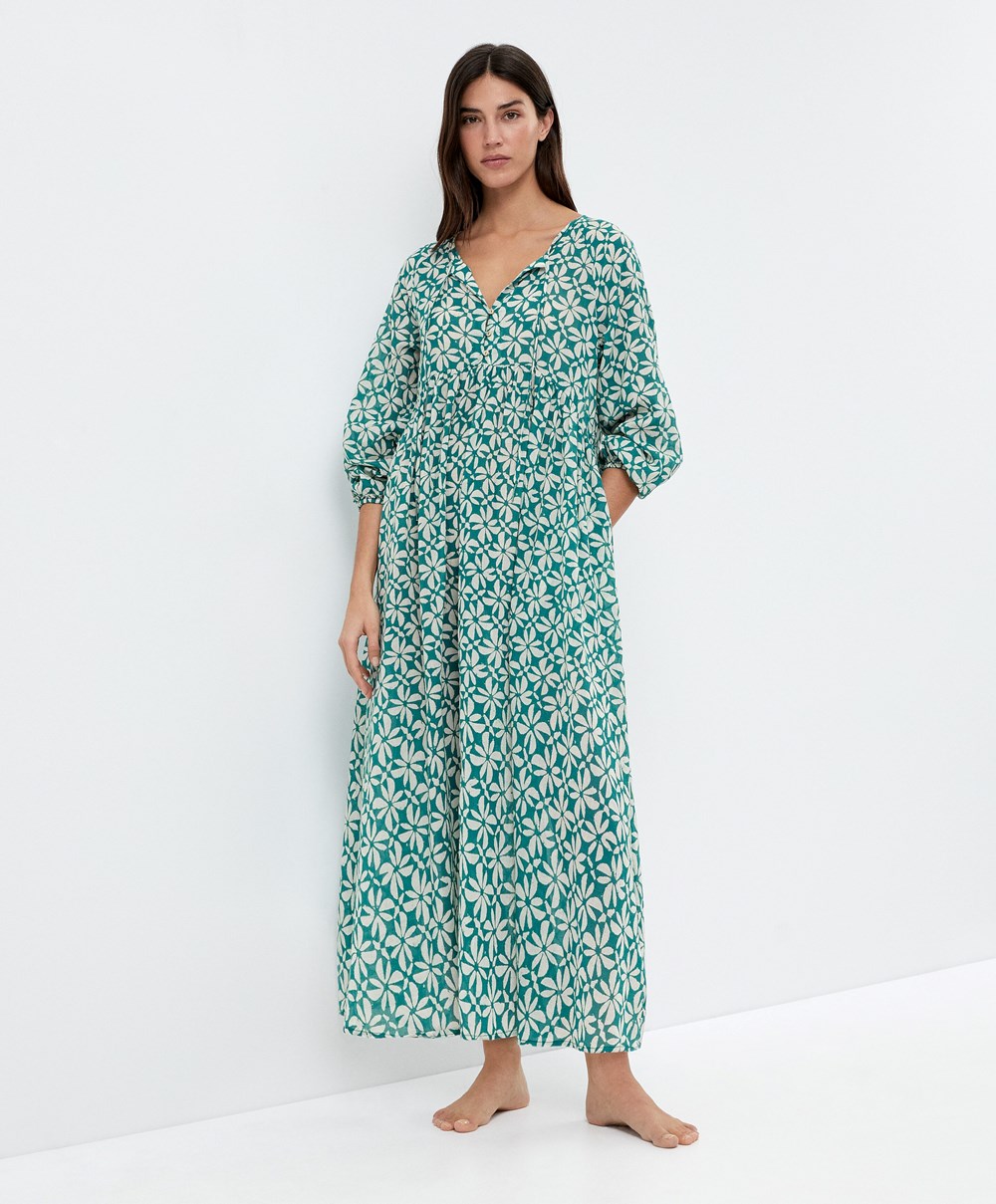 Oysho Printed 100% βαμβακερα Tunic φορεμα πρασινο | LINAQU-840