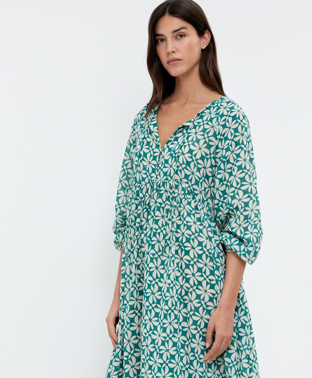 Oysho Printed 100% βαμβακερα Tunic φορεμα πρασινο | LINAQU-840