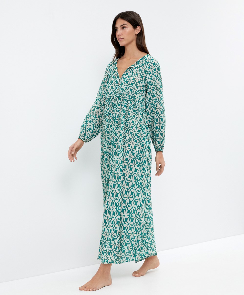 Oysho Printed 100% βαμβακερα Tunic φορεμα πρασινο | LINAQU-840