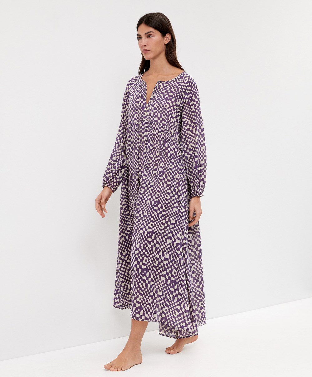 Oysho Printed 100% βαμβακερα Tunic φορεμα βαθυ μωβ | QXMEWB-375