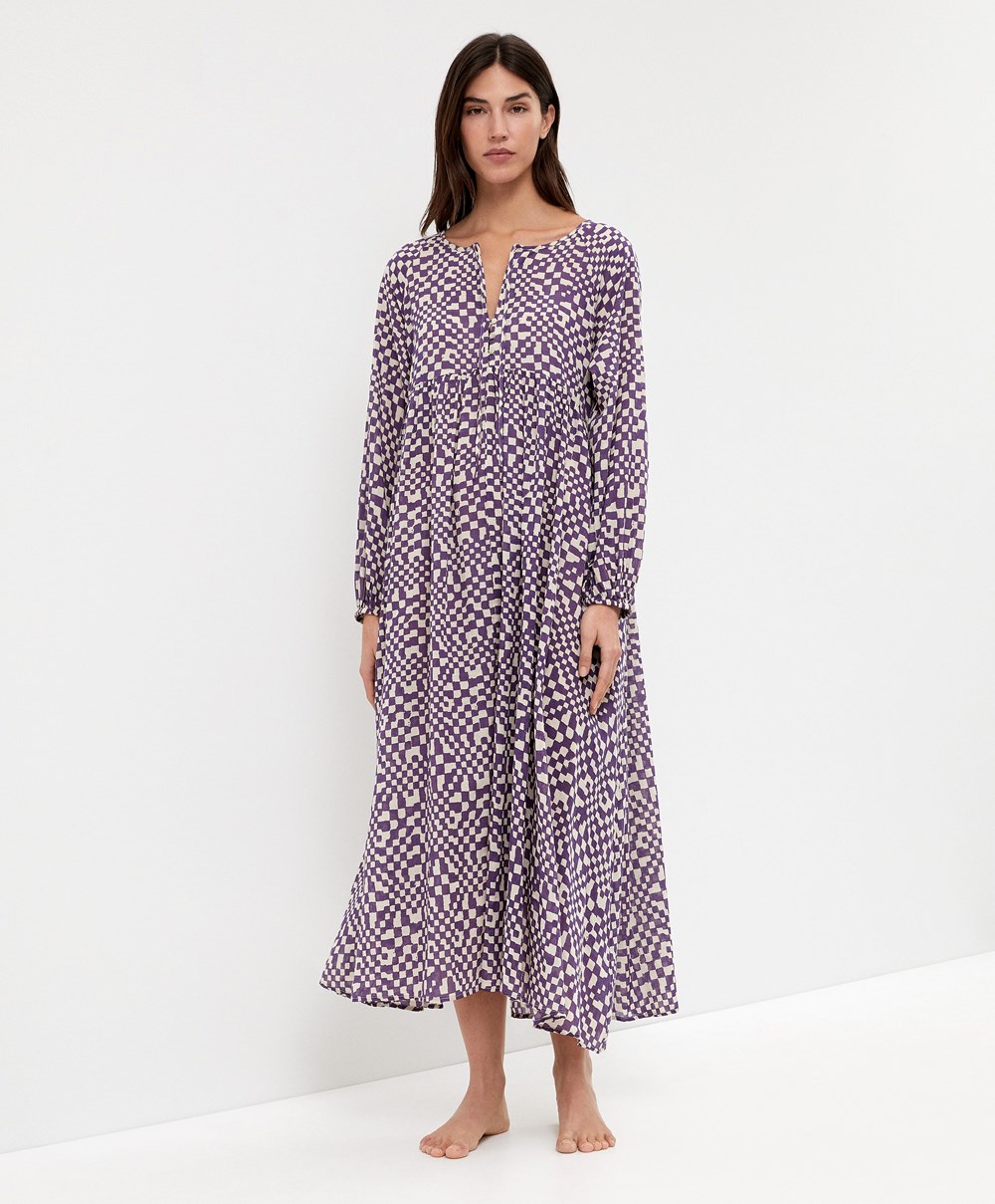 Oysho Printed 100% βαμβακερα Tunic φορεμα βαθυ μωβ | VDEWXU-041